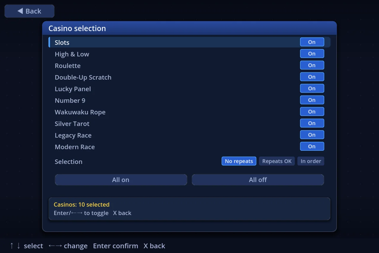 Casino selection — ten games, each on or off