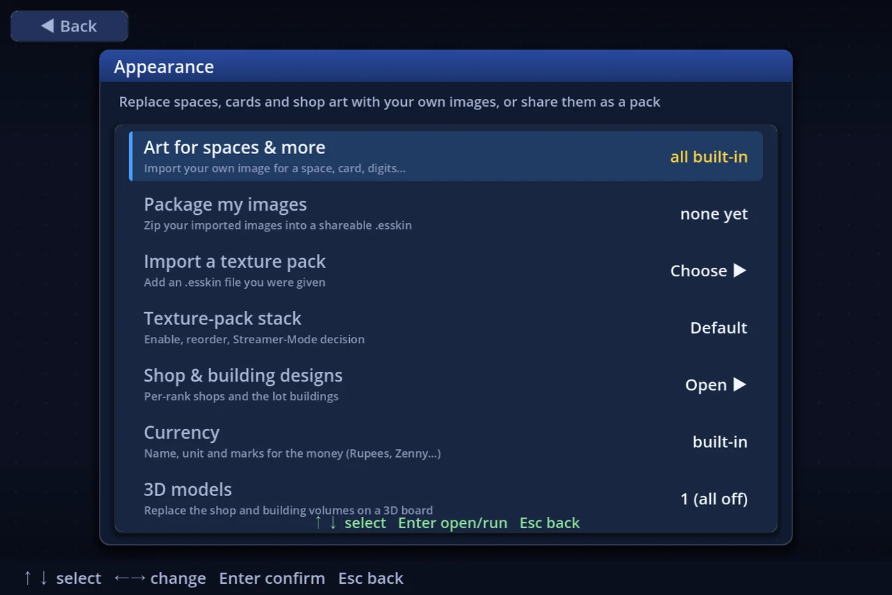 Appearance settings — texture packs are loaded here