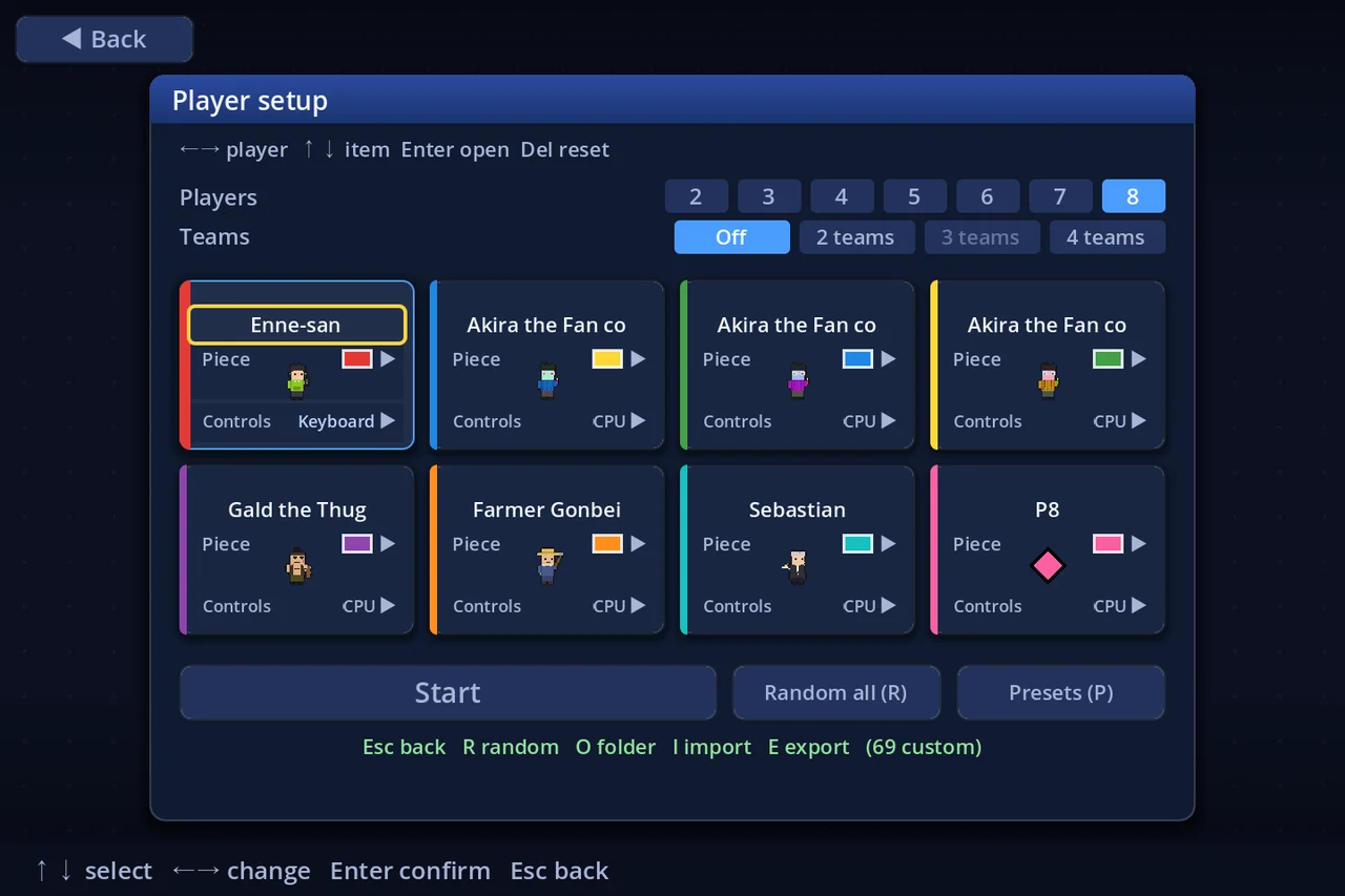 Player settings — pieces are imported and exported from here