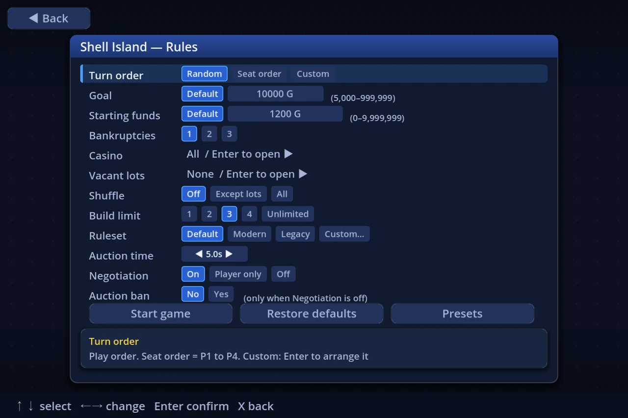 Rule settings — press R on the board list