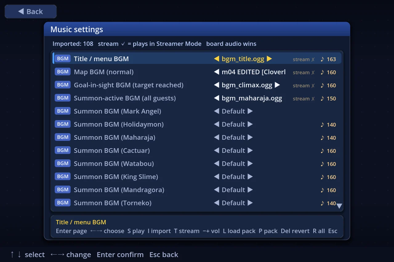 Music settings — a track per slot